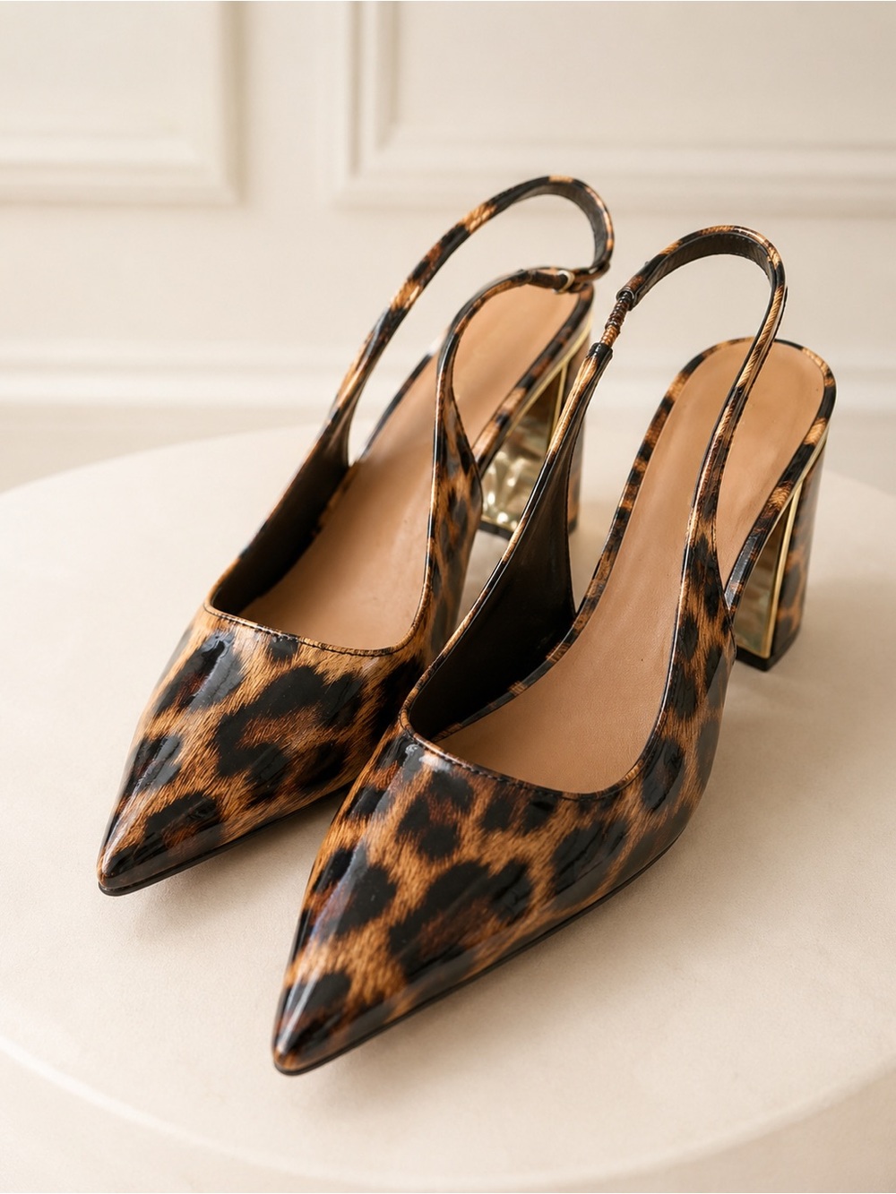 ALDO Meesha Leopard Patent Slingback Pointed Toe Block Heel Pumps